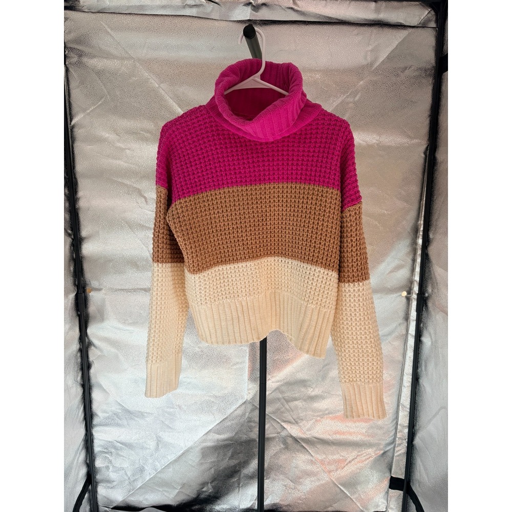 Hippie Rose Tri Color Cowl Neck Pullover Sweater Pink Brown Cream Sz L
